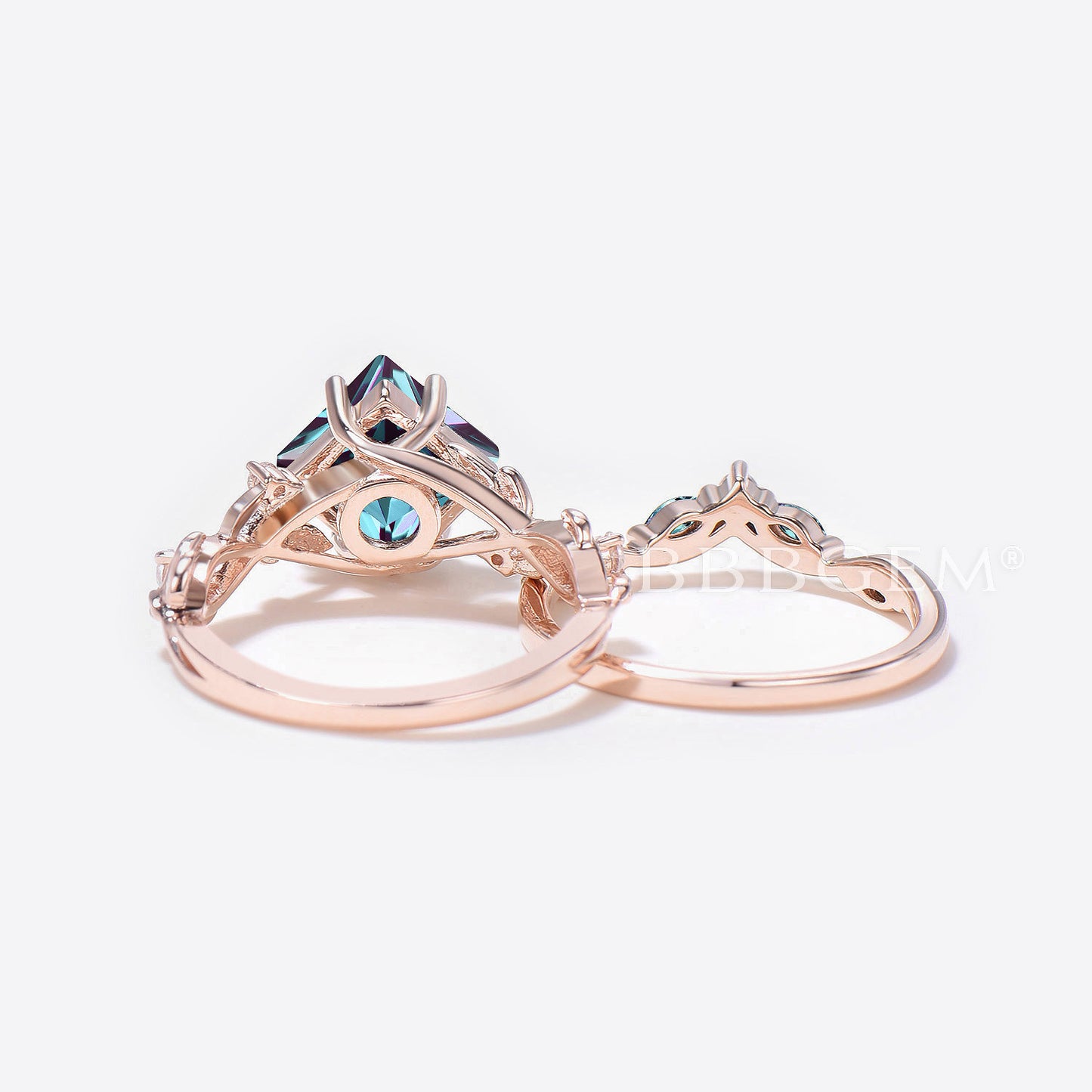 Princess Color-change Alexandrite Twisted ring Nature Inspired Bridal Set