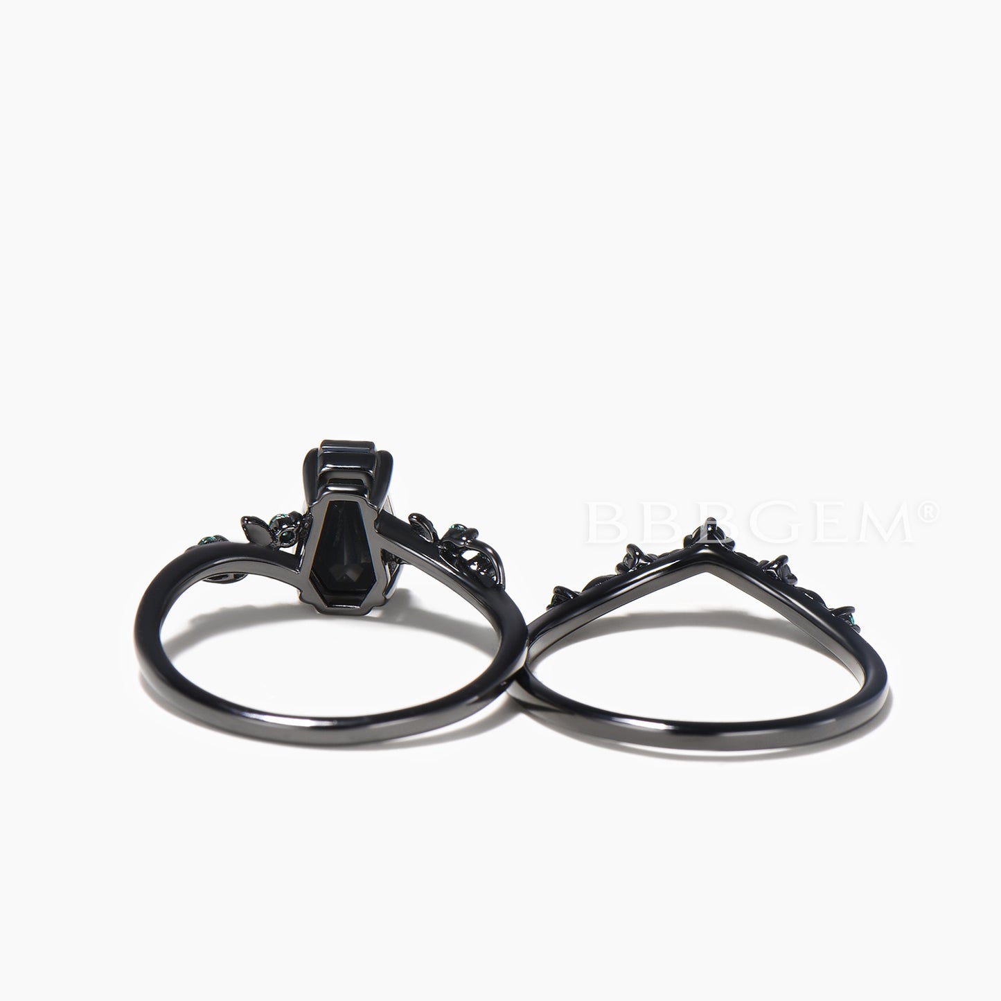 Coffin Cut Black Onyx Engagement Ring Emerald Leaf Band Nature Inspired Ring Set
