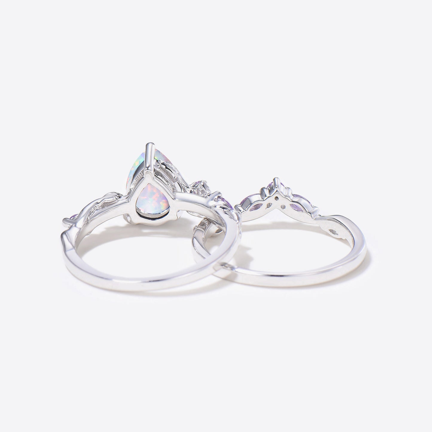 Teardrop Cut White Opal Engagement Ring Amethyst Nature Inspired Bridal Set