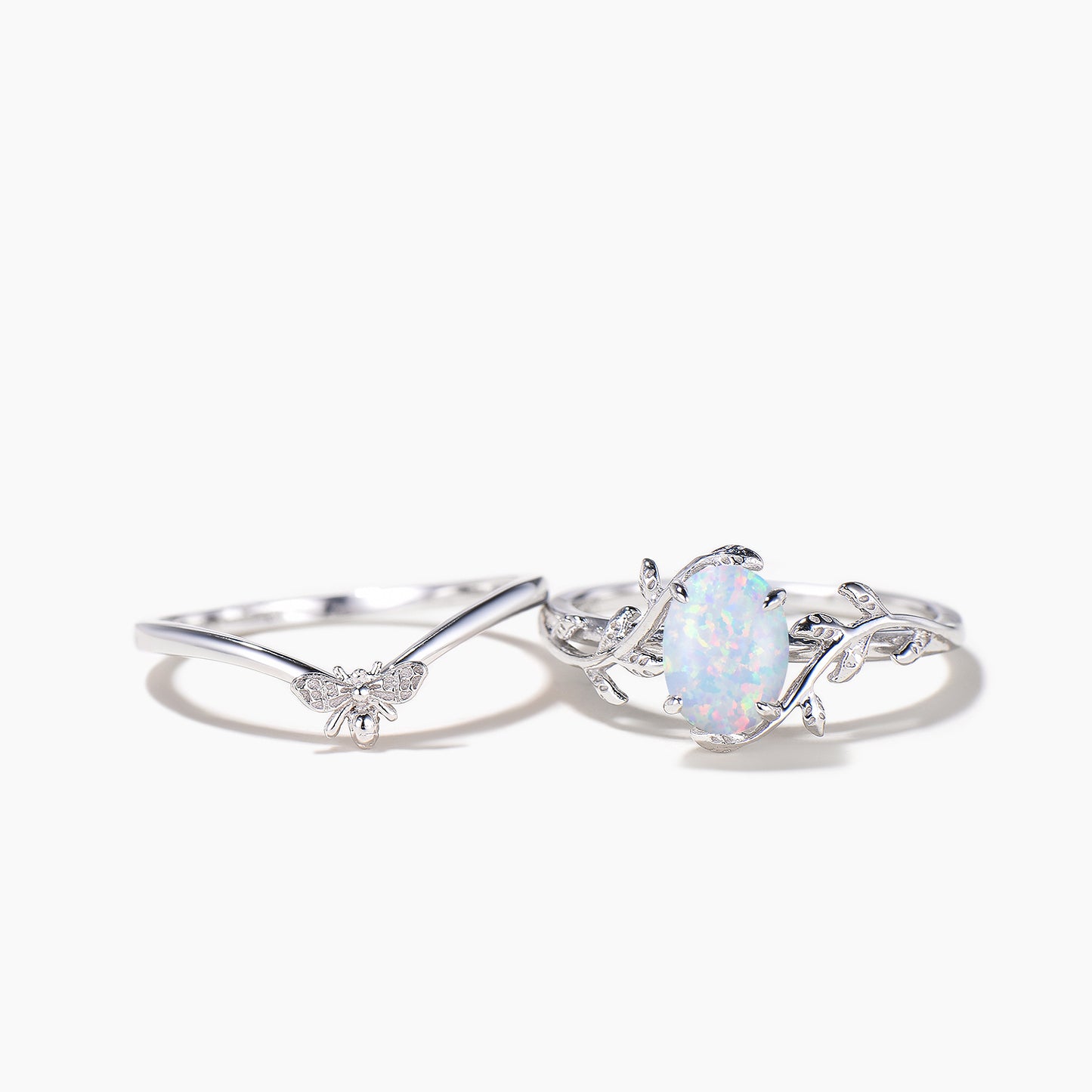 Nature Inspired 1.5ct Oval Cut White Opal Solitaire Ring Bee Wedding Band