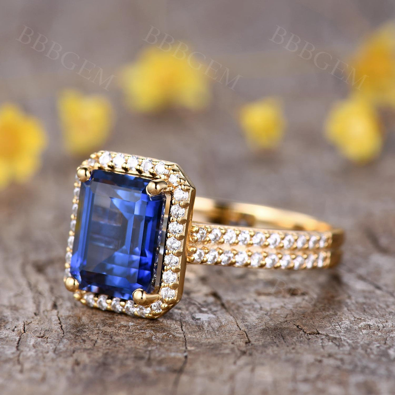 4 Carat Sapphire Statement Ring-Sapphire Halo Engagament Ring Set-Yellow Gold Sapphire Bridal Set Jewelry
