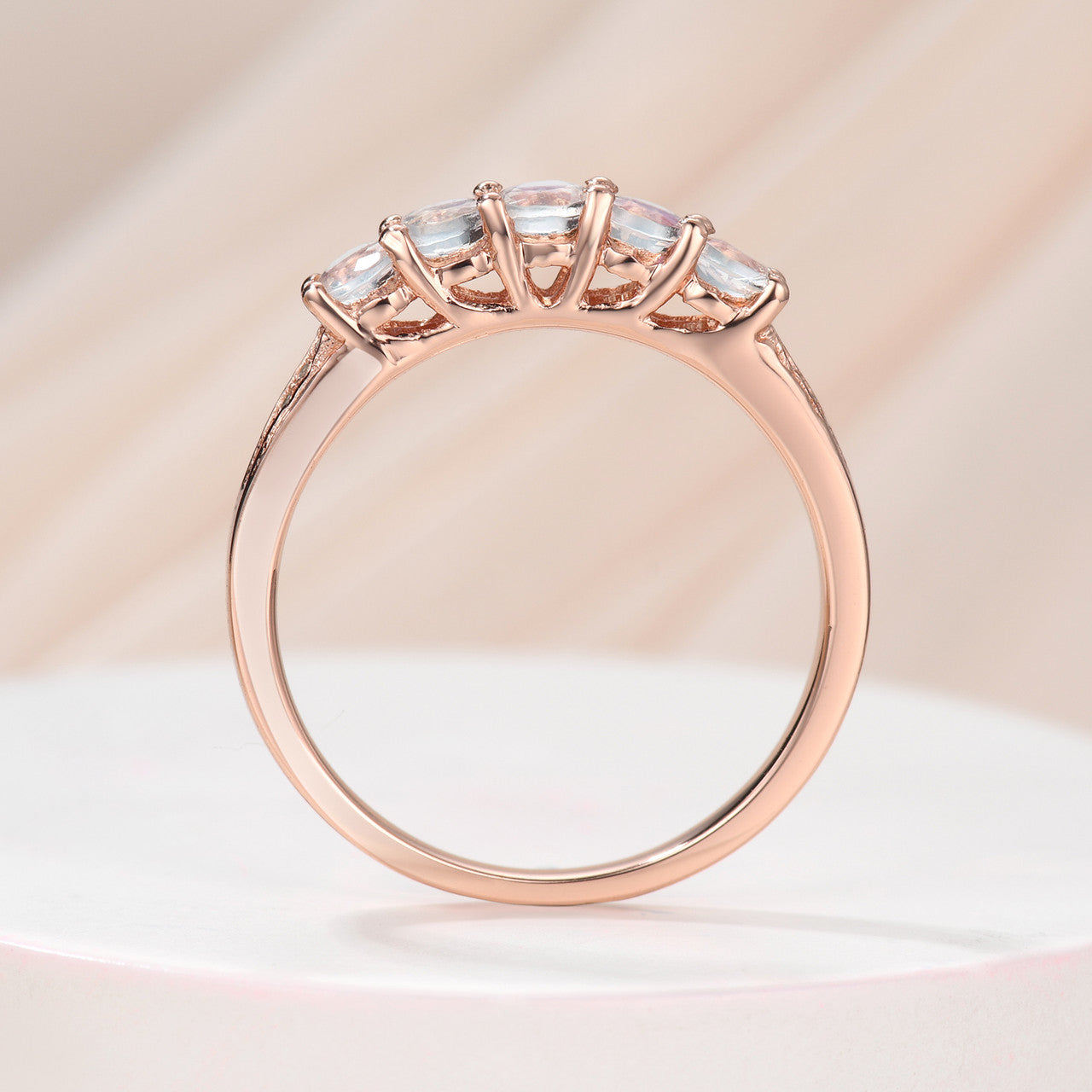 Five Stone Round Moonstone Diamond Birthstone Anniversary Wedding Band in Rose Gold Women Gift
