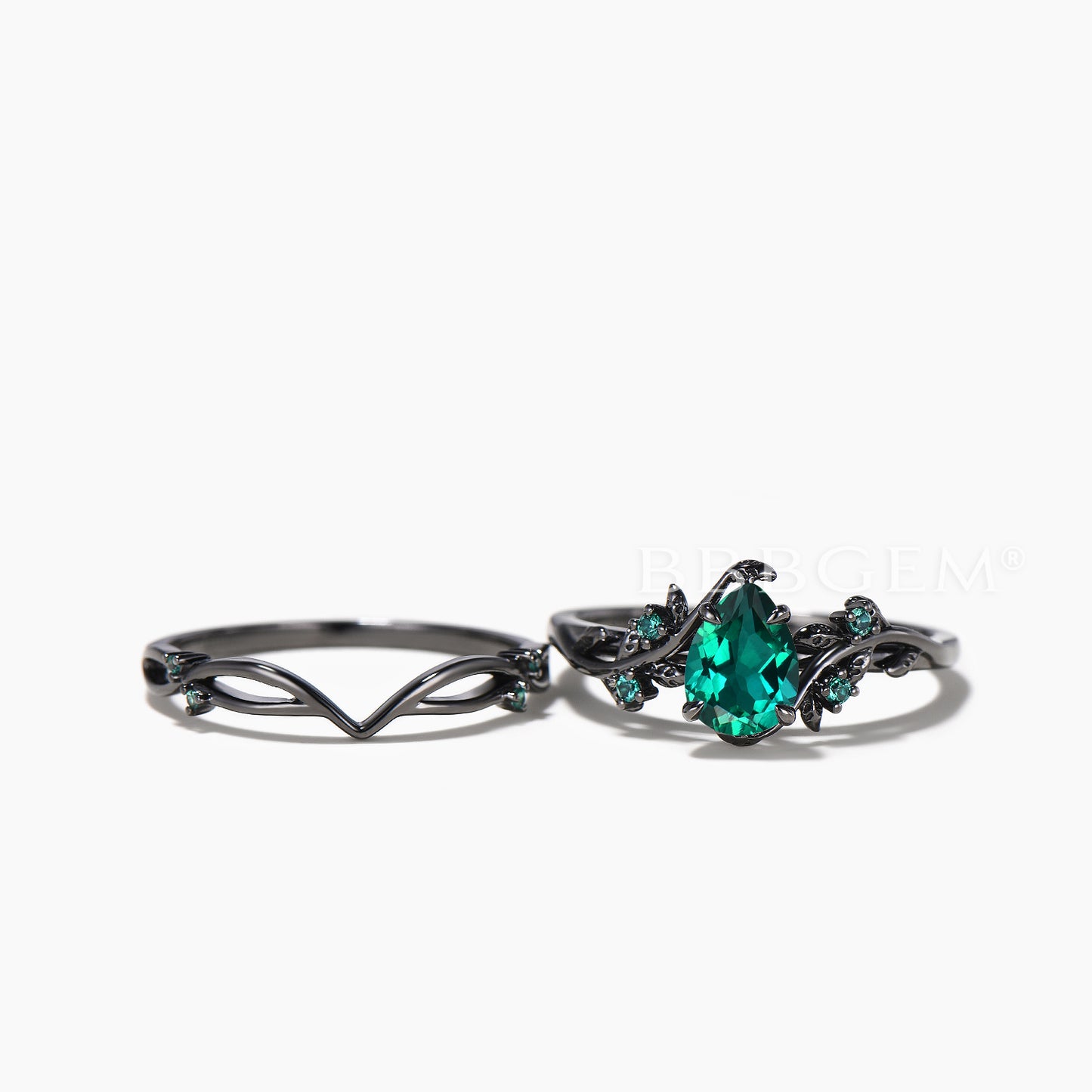 1.25ct Teardrop Cut Green Emerald Nature Inspired Bridal Set Emerald Leaf Black Gold Ring