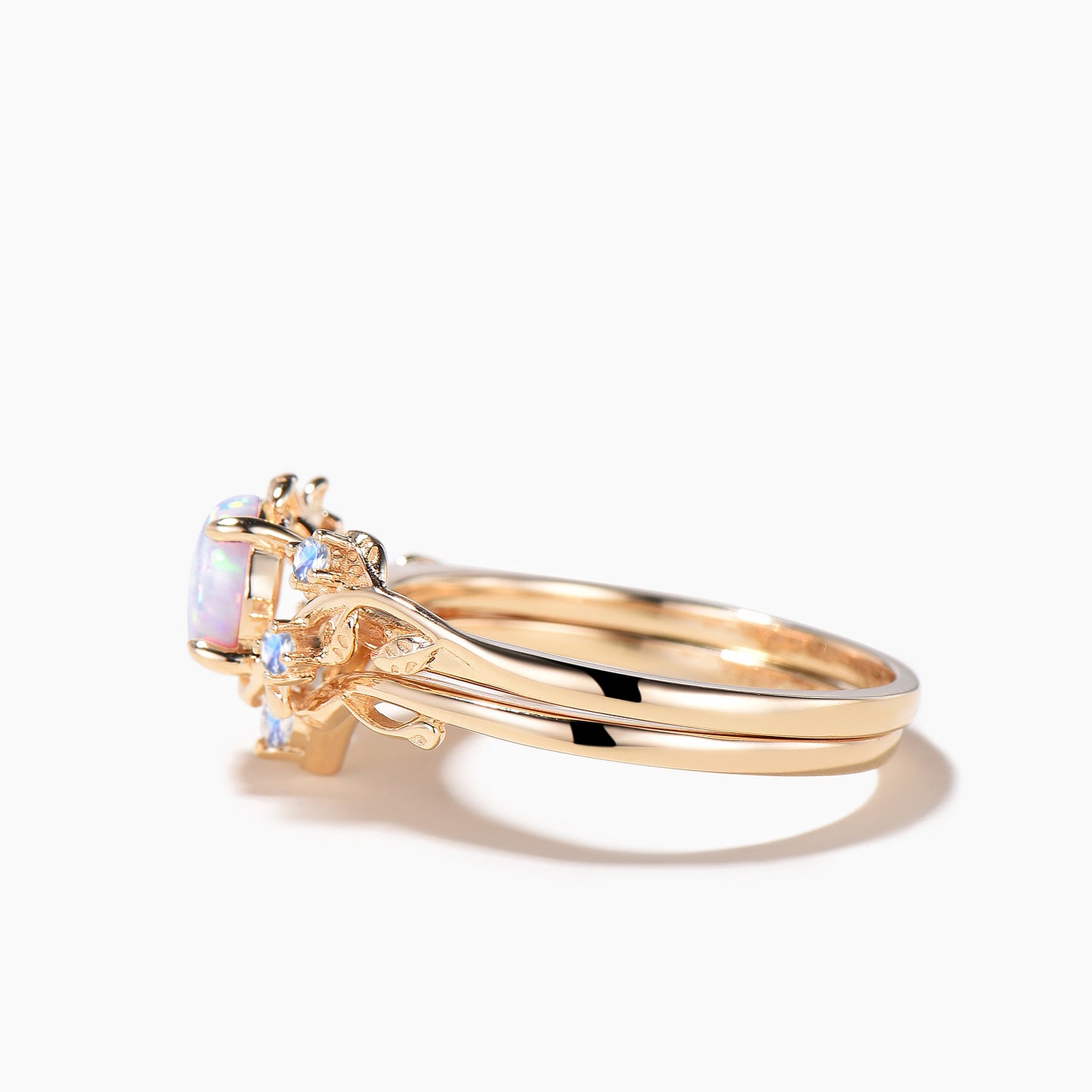 1ct Round Cut White Opal Moonstone Twig Leaf Branch Gold Bridal Ring Set