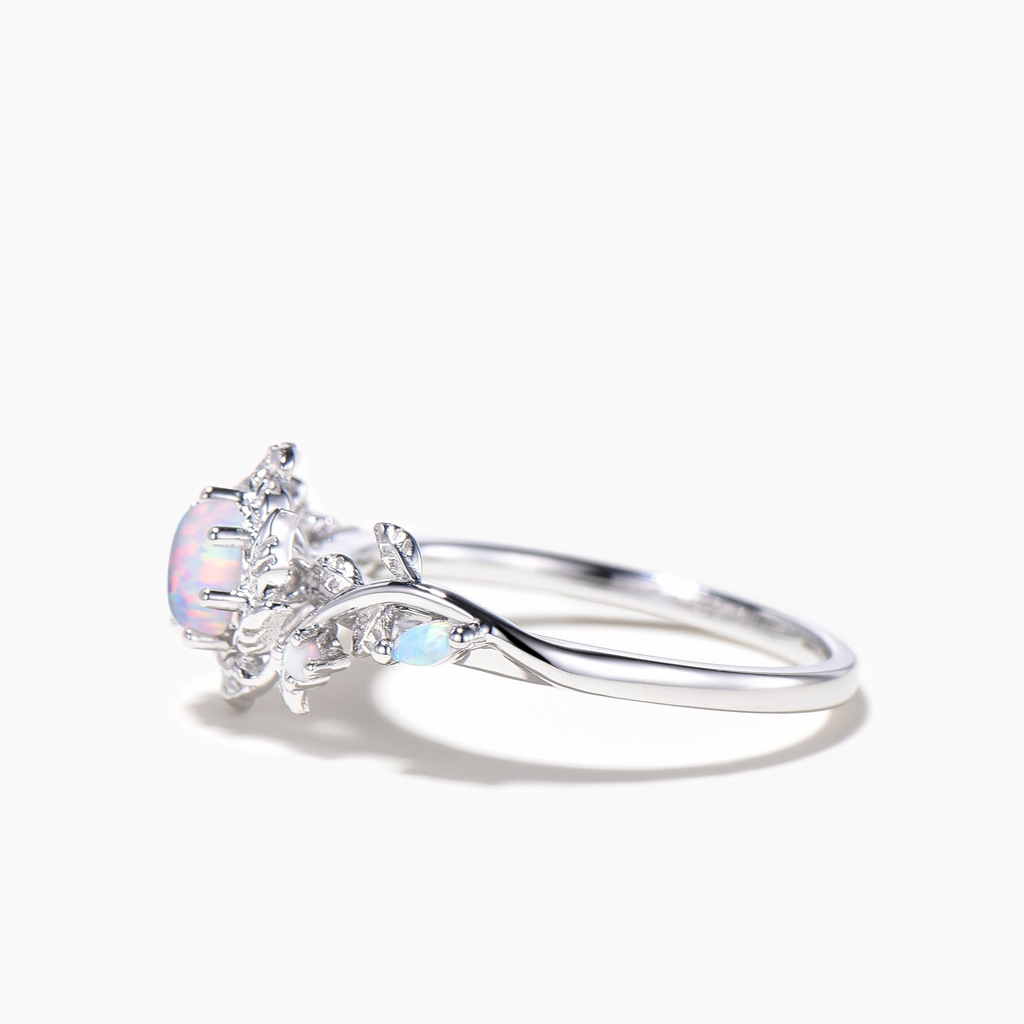 Round Cut White Opal Leaf Engagement Ring White Gold Nature Inspired Ring
