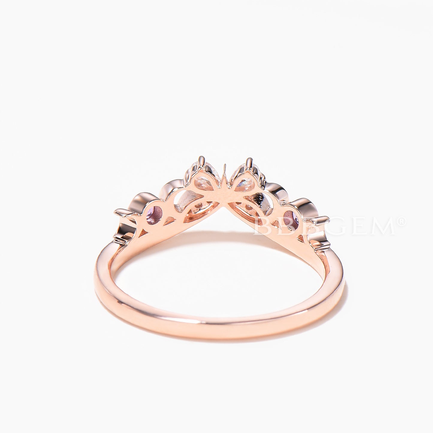 Mixed Cut Moissanite Butterfly Wedding Ring Round Amethyst Curved Band