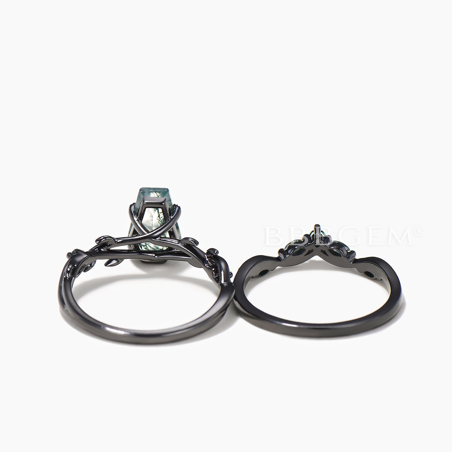 Black Gold Ring Set Coffin Cut Natural Moss Agate Twisted Ring Emerald Curved Band