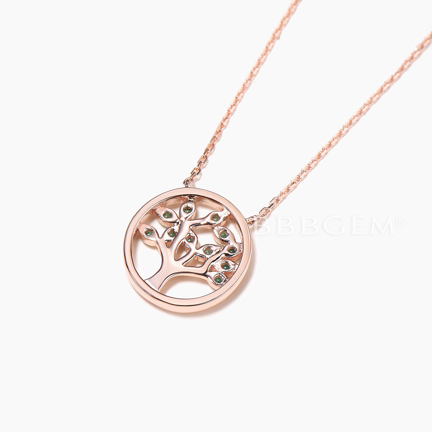 Nature Inspired Necklace Round Cut Emerald Tree Rose Gold Bezel Set Pendant