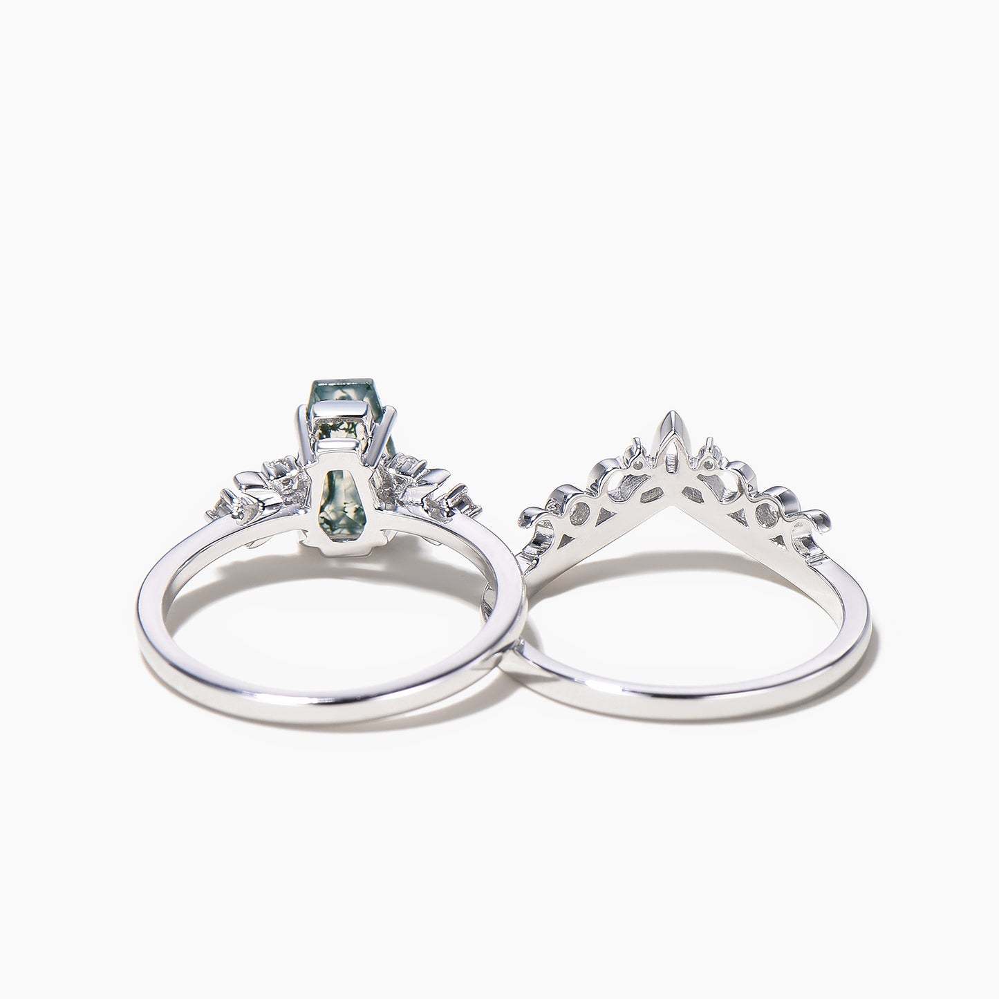 Coffin Natural Moss Agate Moon Engagament Ring Diamond Celtic Knot Bridal Set