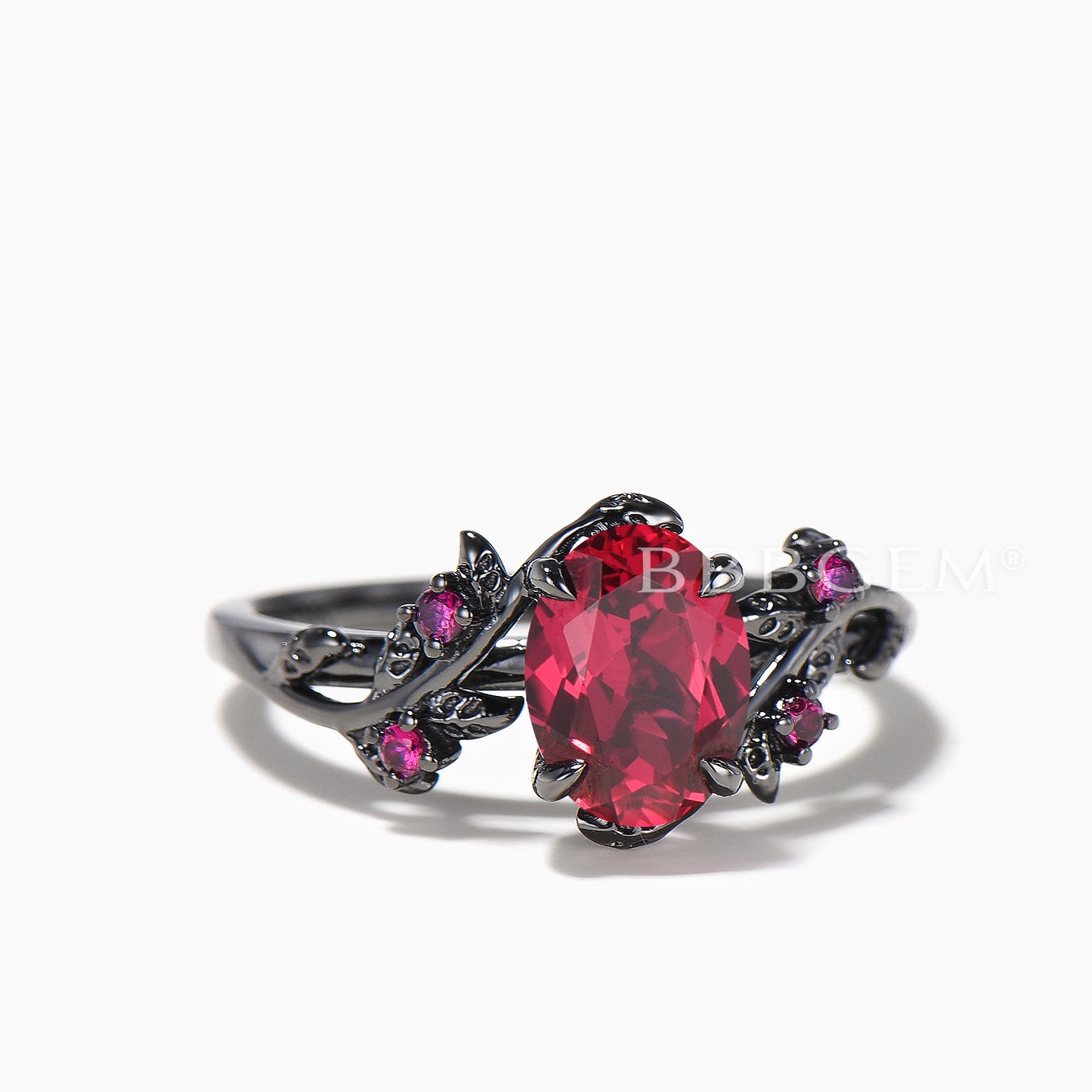 Oval Red Ruby Engagement Ring Nature Inspired Leaf Wedding Ring Set