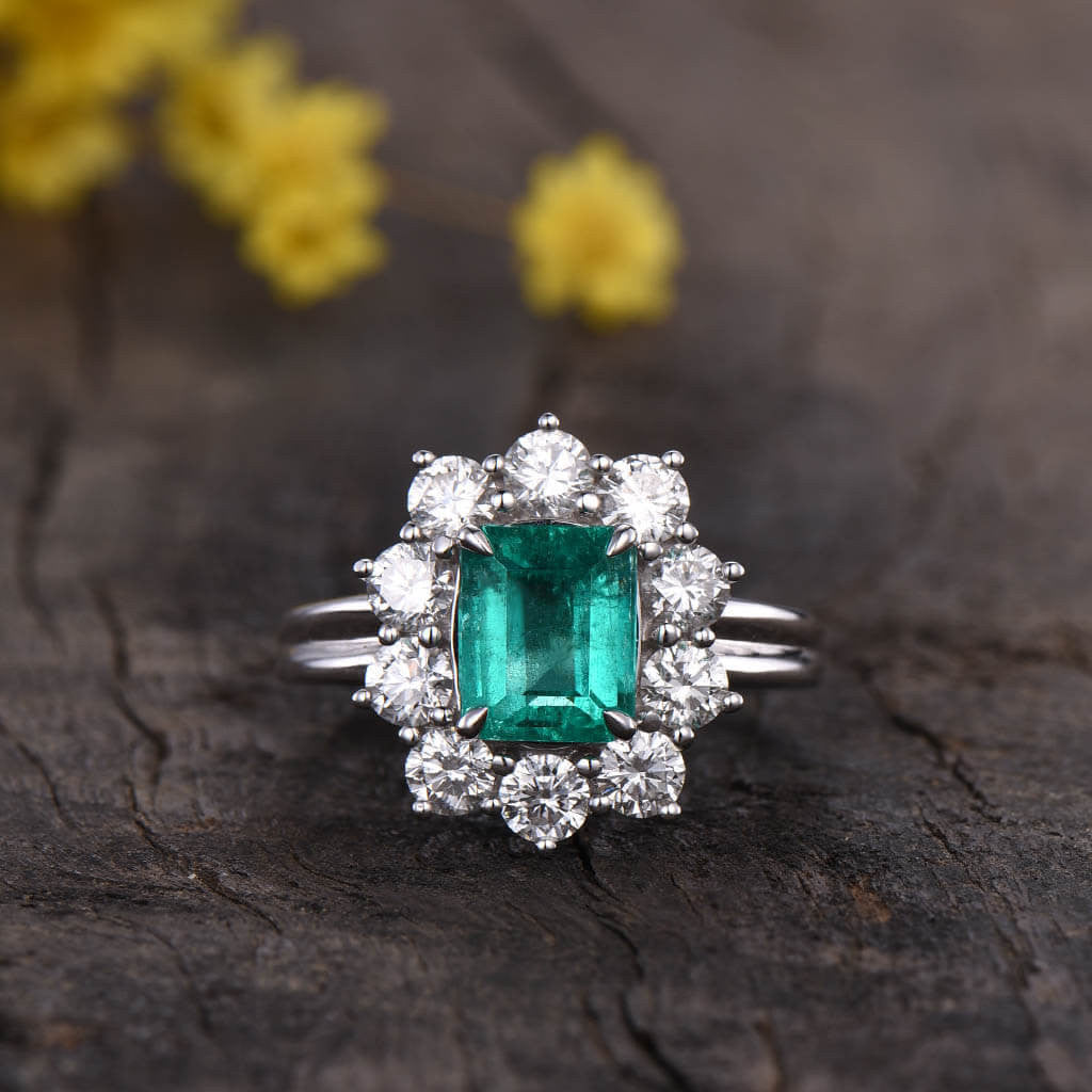 Floral Emerald Cut Emerald Diamond Moissanite Engagement Ring 02
