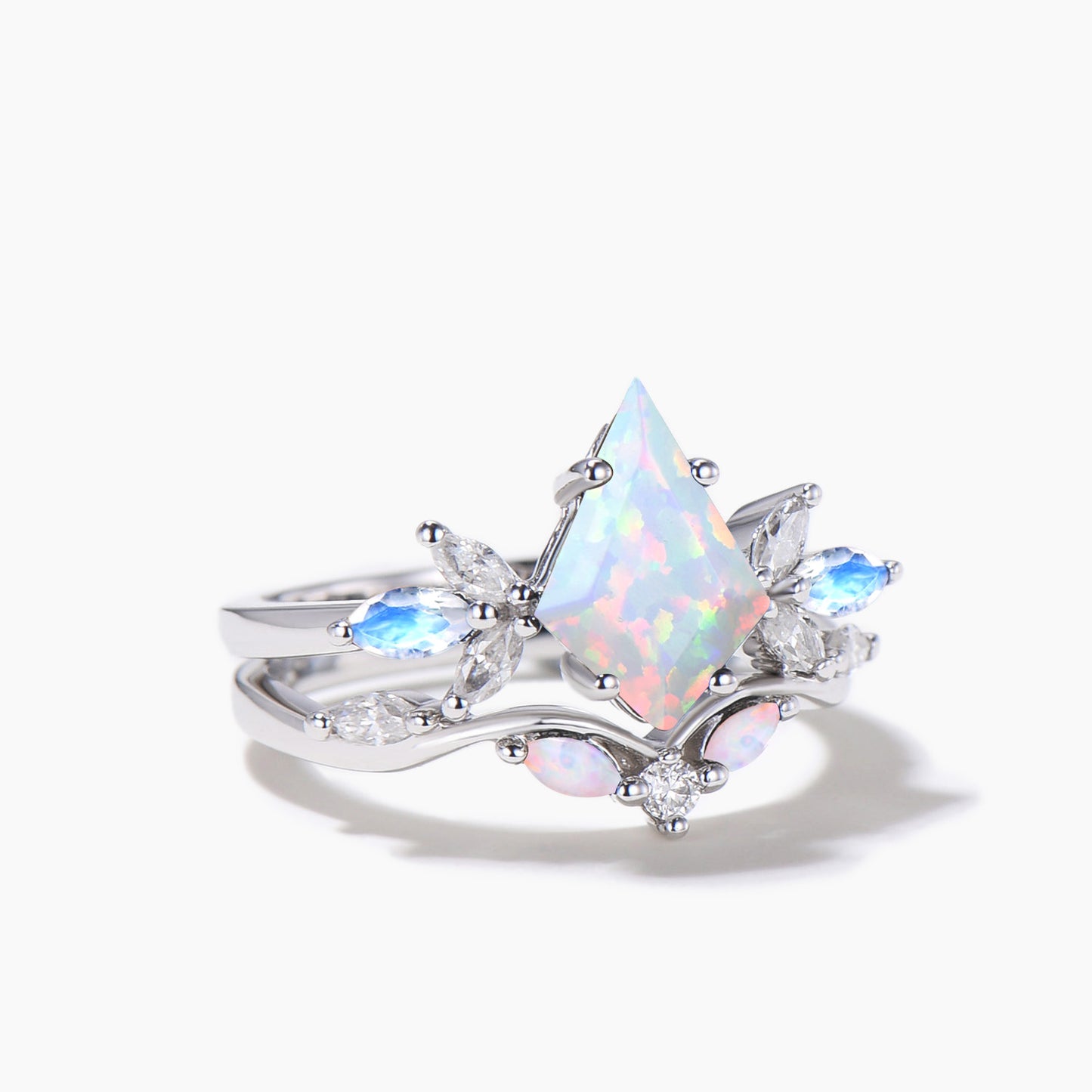 Kite Cut White Opal Engagement Ring Moonstone Cluster Bridal Ring Set