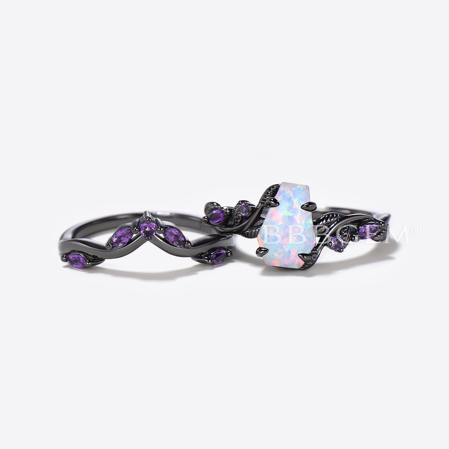 Black Gold Engagement Ring Leaf Branch Coffin Cut White Opal Wedding Ring Set