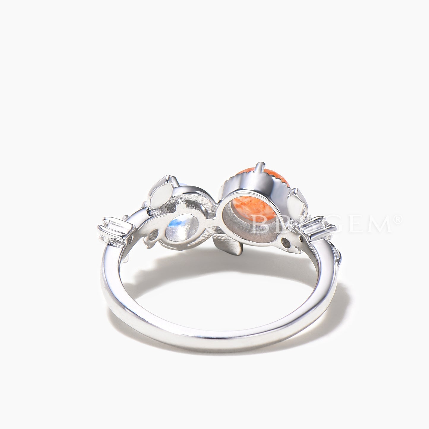 Toi et Moi Ring Round Cut Natural Sunstone Moonstone Leaf Engagement Ring
