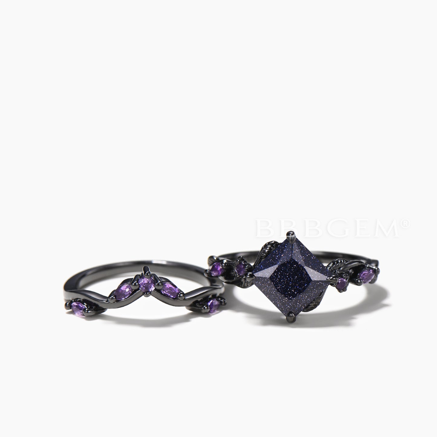 Princess Cut Blue Sandstone Twisted Ring Amethyst Nature Inspired Bridal Set