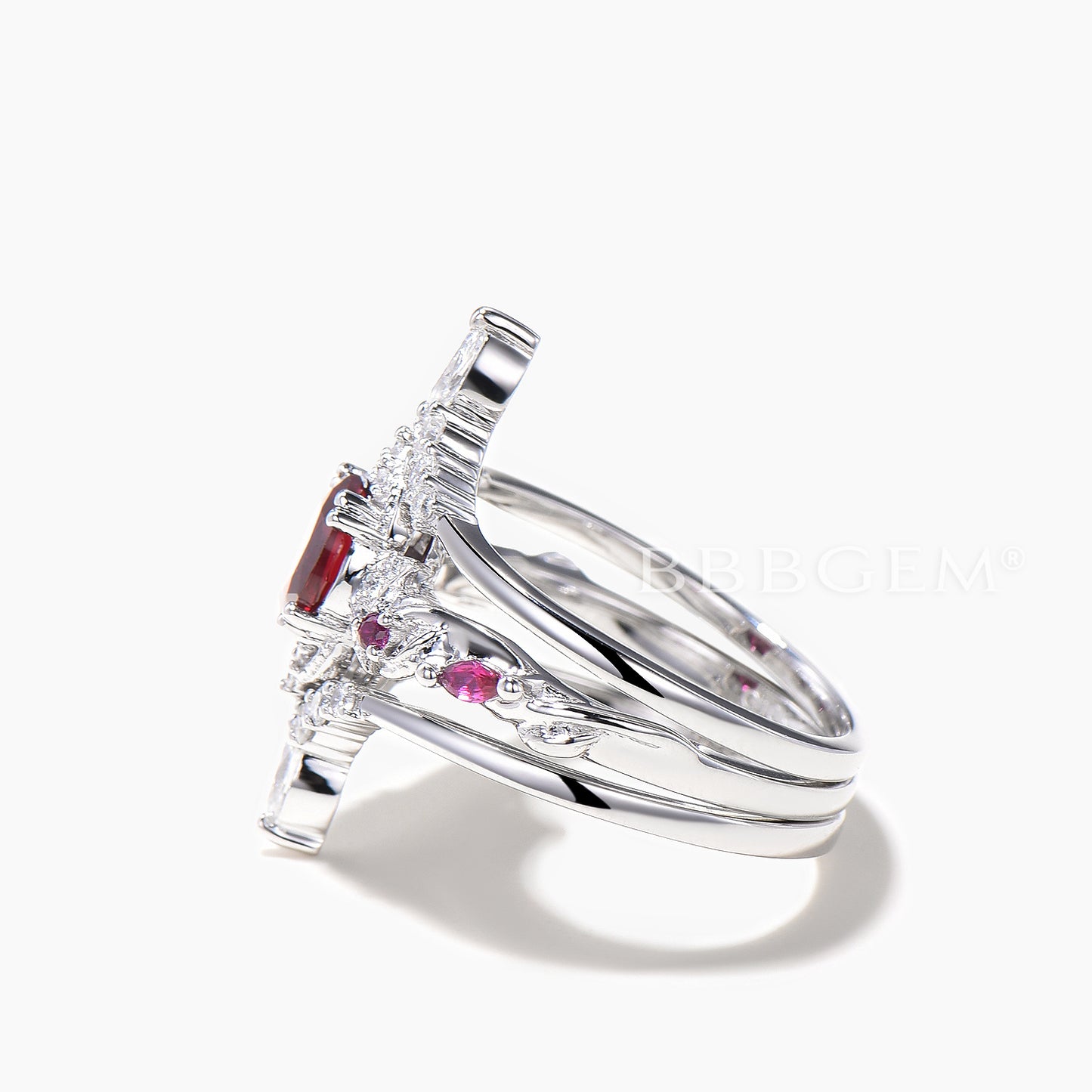 3PC Bridal Set Round Cut Ruby Moon Engagement Ring Diamond Curved Band