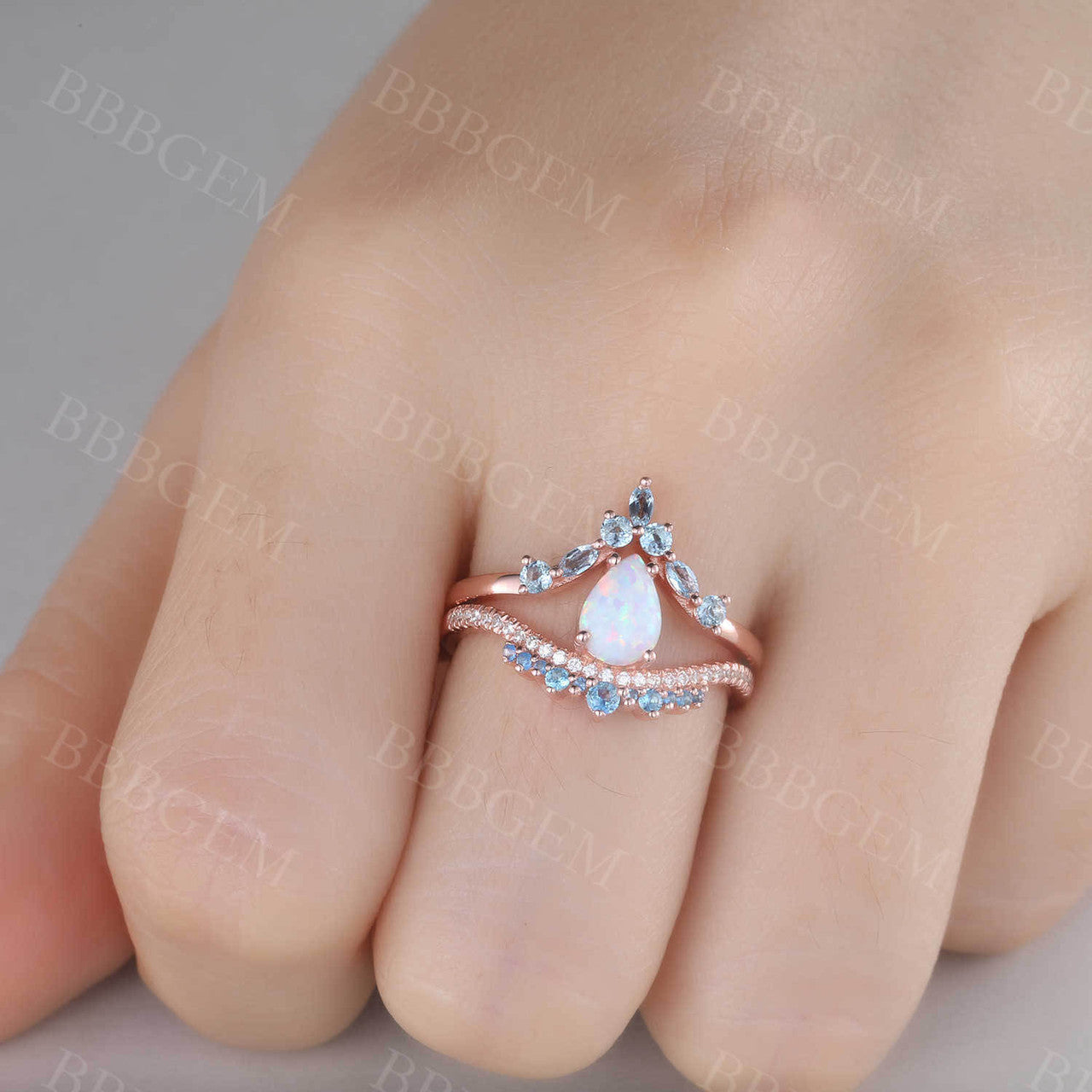 Vintage Opal Engagement Ring Set Rose Gold Wedding Set