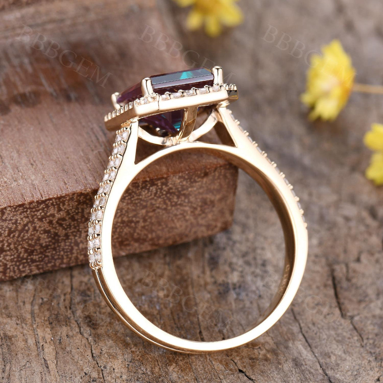 5 Carat Emerald Cut Alexandrite Engagement Ring Set Diamond Halo Ring Yellow Gold