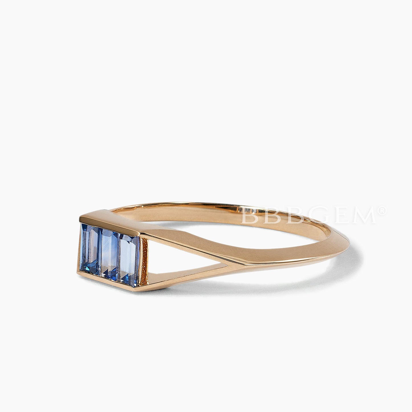Baguette Cut Natural London Blue Topaz Dainty Three Stone Split Shank Wedding Band