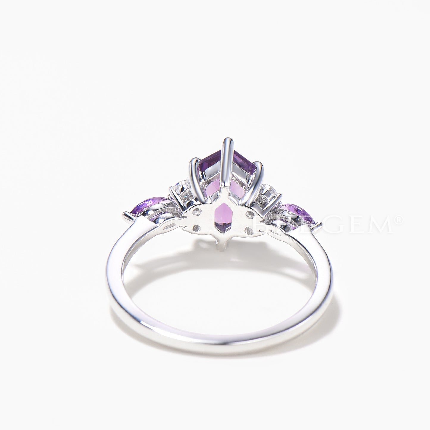 Long Hexagon Cut Natural Amethyst Engagement Ring Diamond Cluster Ring