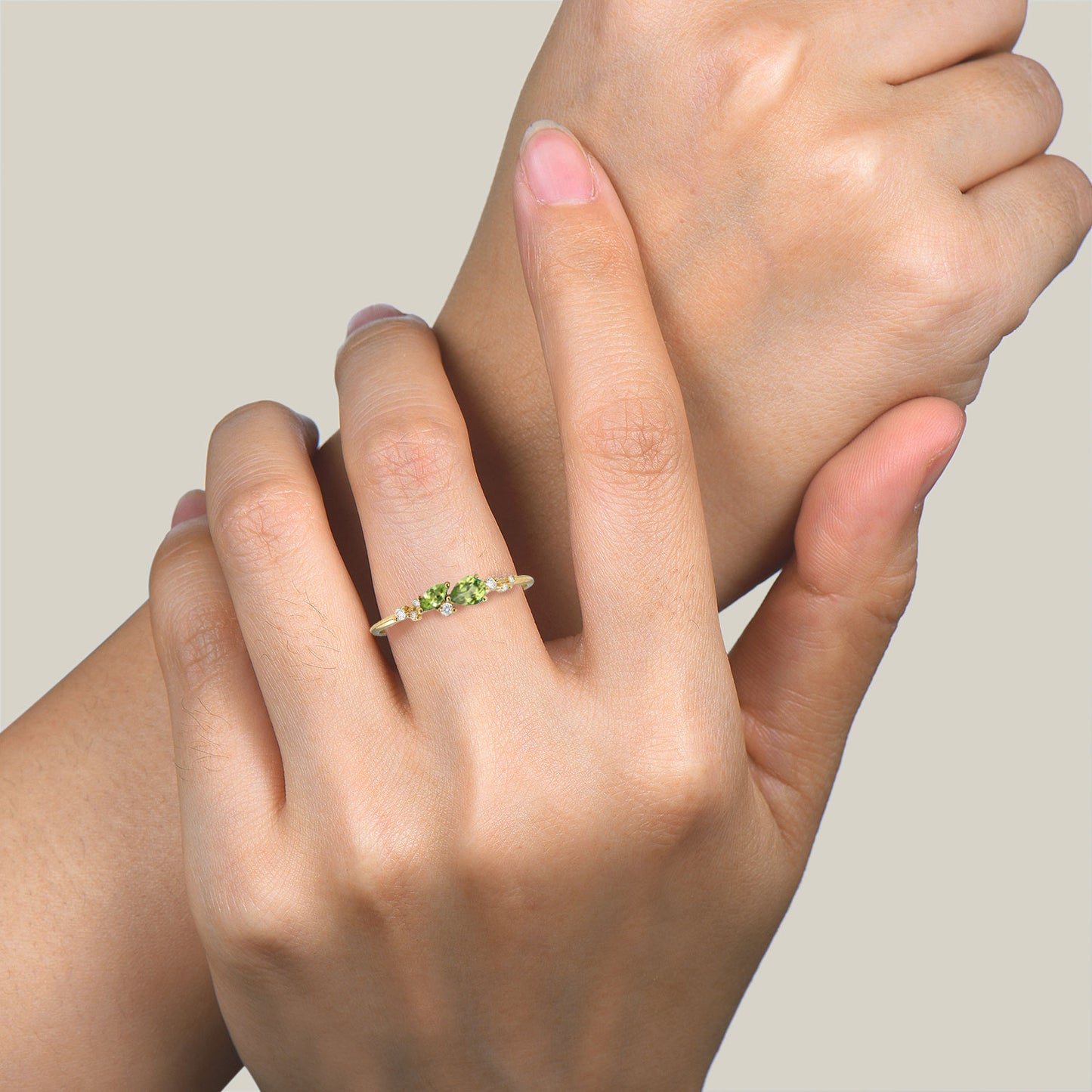 Mixed Cut Natural Peridot Diamond Cluster Ring 14k Yellow Gold Dainty Ring