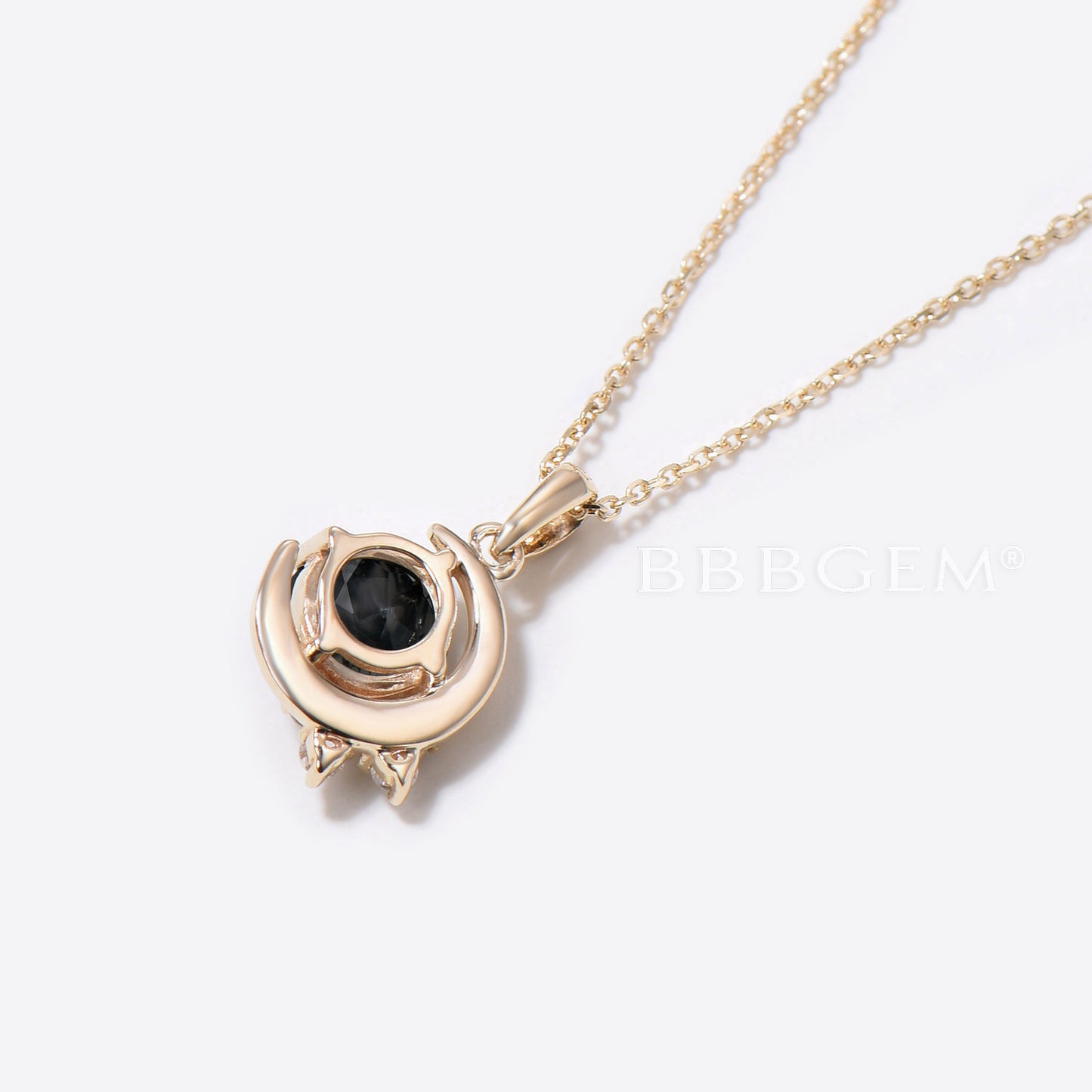 Round Cut Black Onyx Moon Pendant Yellow Gold Diamond Cluster Necklace