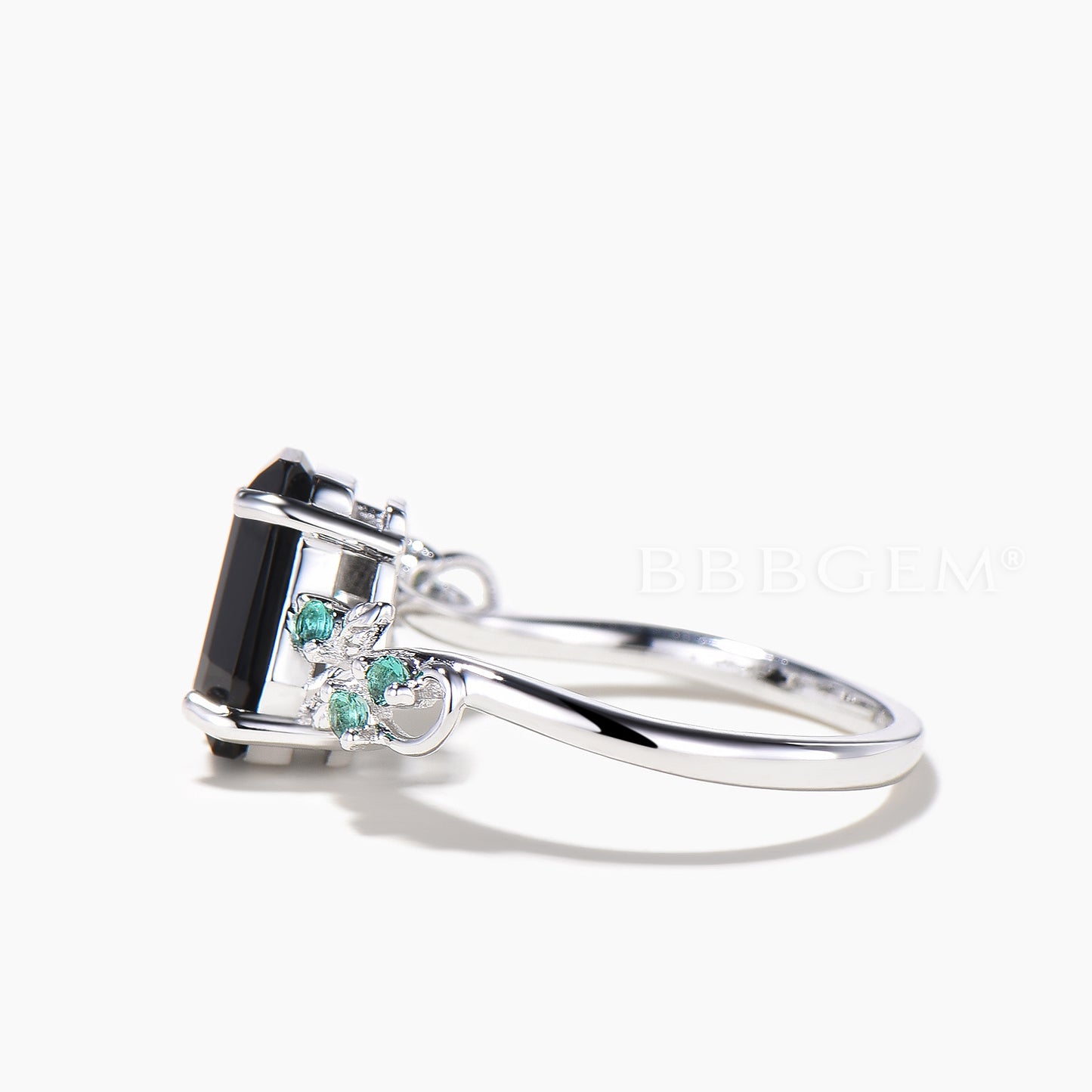 Coffin Cut Natural Black Onyx Engagement Ring Emerald Nature Inspired Ring