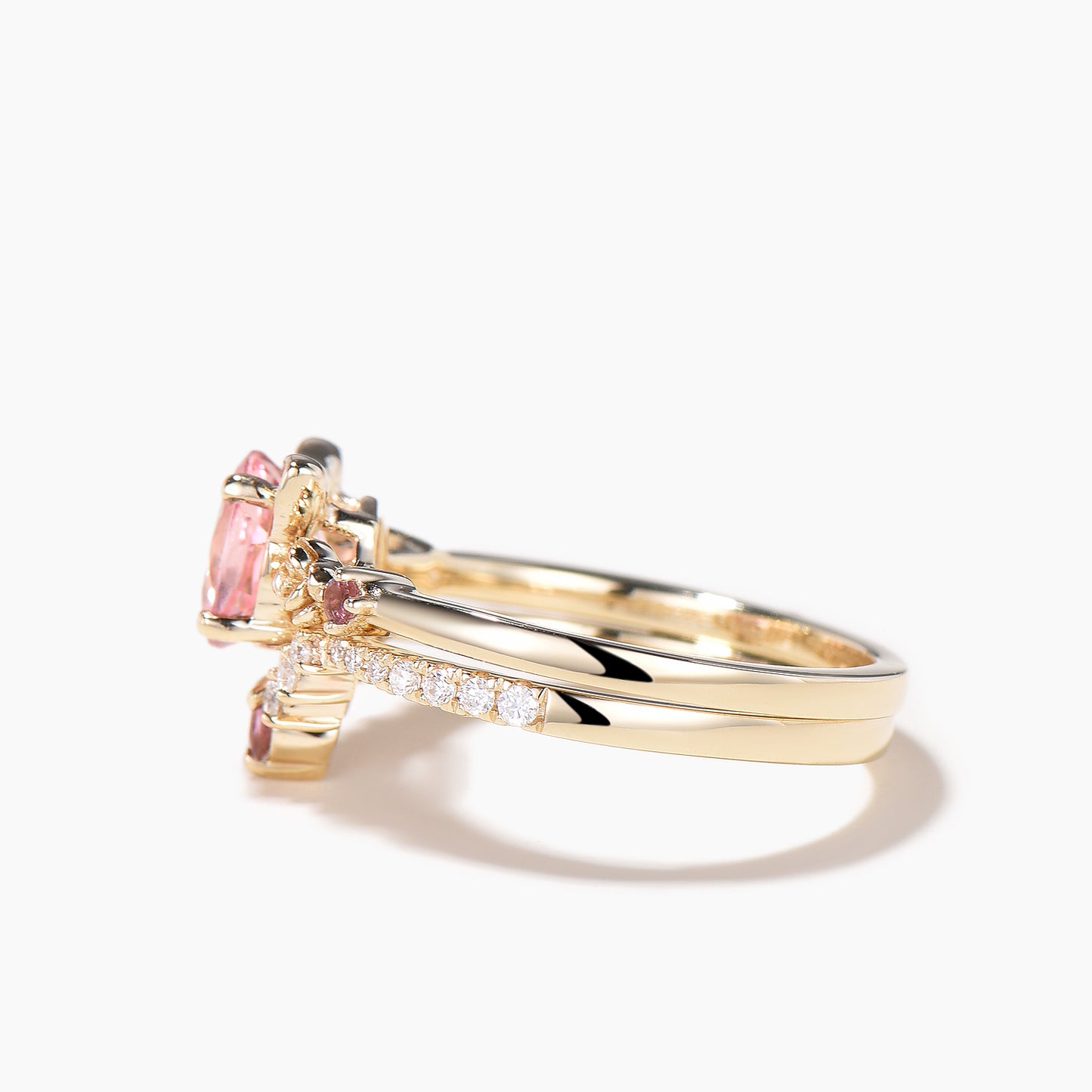 Round Cut Padparadscha Sapphire Cat Ring Tourmaline Diamond Flower Bridal Set