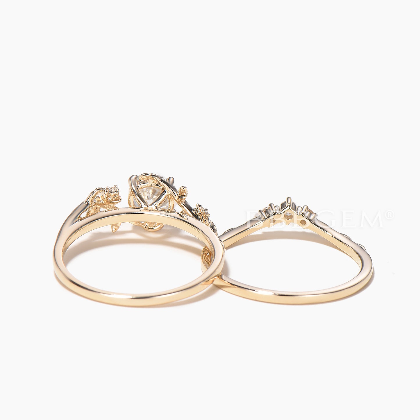 Round Cut IGI Certificate Lab Grown Diamond Twig Leaf Nature Inspired Ring Set