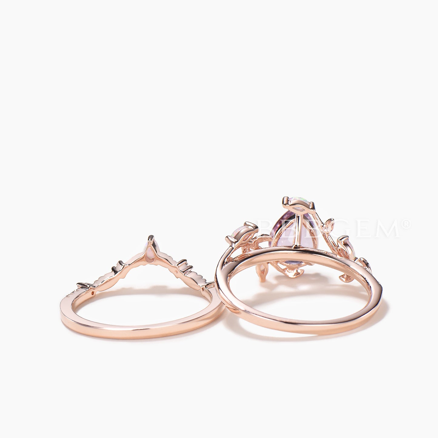 Nature Inspired Bridal Set Pear Cut Lavender Amethyst Twig Leaf Ring Opal Band