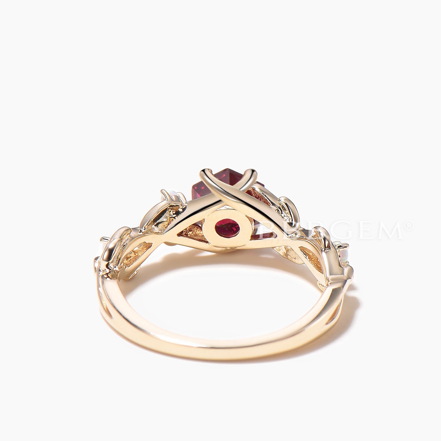 Hexagon Cut Ruby Leaf Engagement Ring Opal Split Shank Nature Inspired Ring