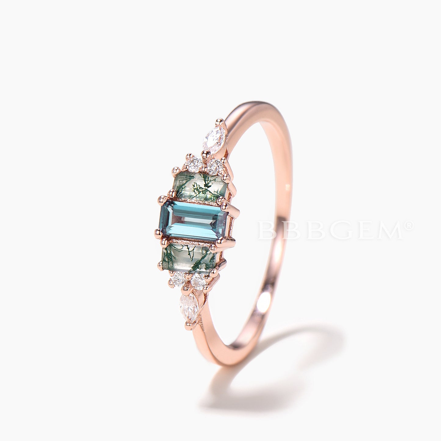 Baguette Cut Color-change Alexandrite Moss Agate Cluster Engagement Ring