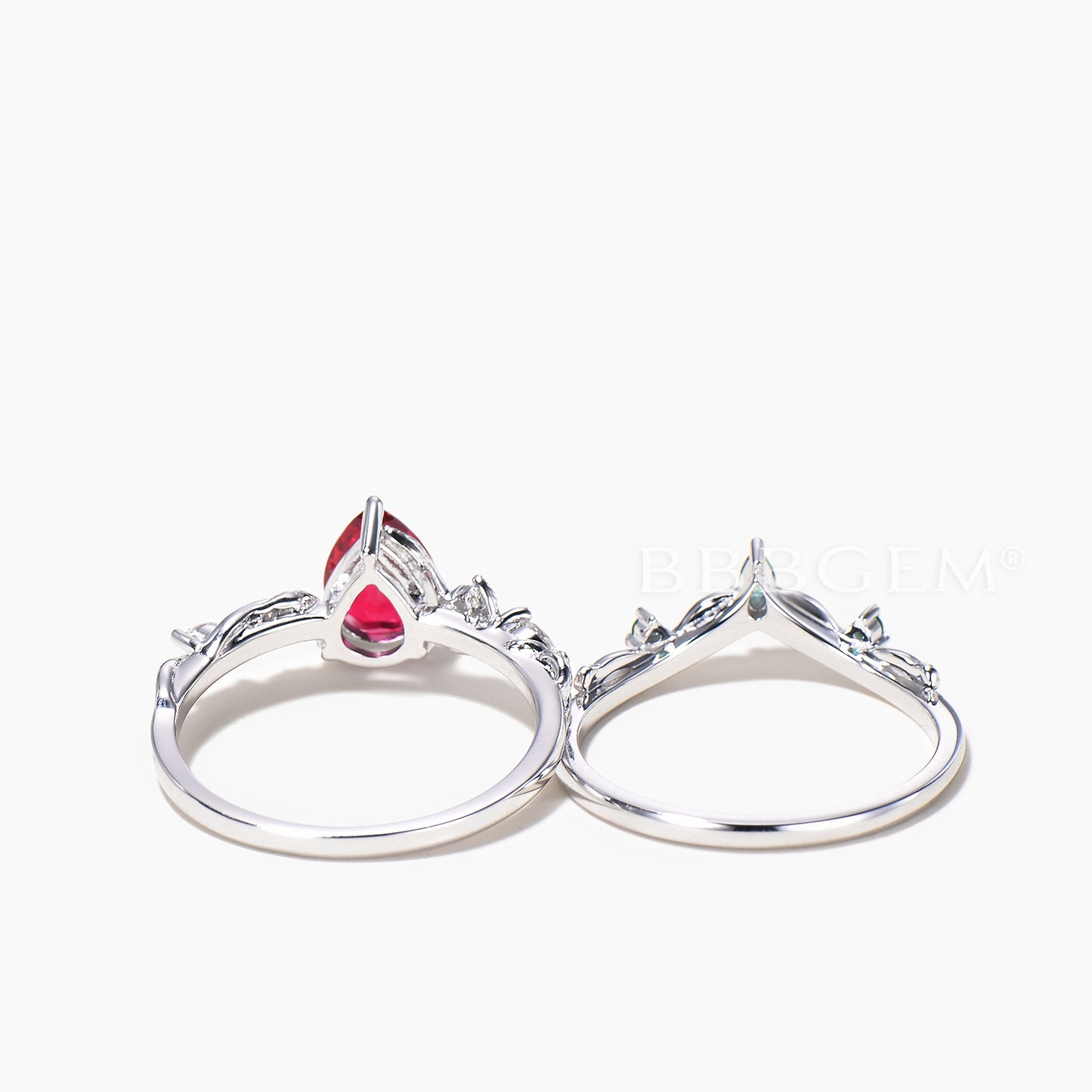 Nature Inspired Ring Set Teardrop Cut Ruby Engagement Ring Emerald Leaf Band