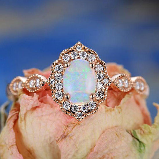 Vintage Floral Ring Oval Cut Opal and Diamond Scallpoed Milgrain Band BBBGEM