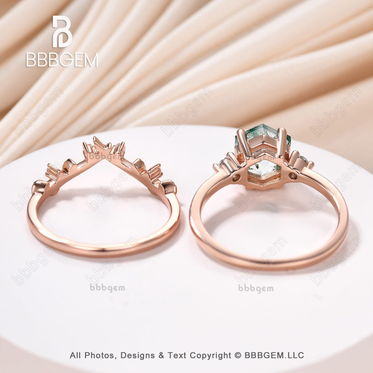 6x7mm hexagon moss agate wedding ring set-natural inspired moss agate hexagon engagement ring in rose gold-bbbgem moss agate wedding ring set