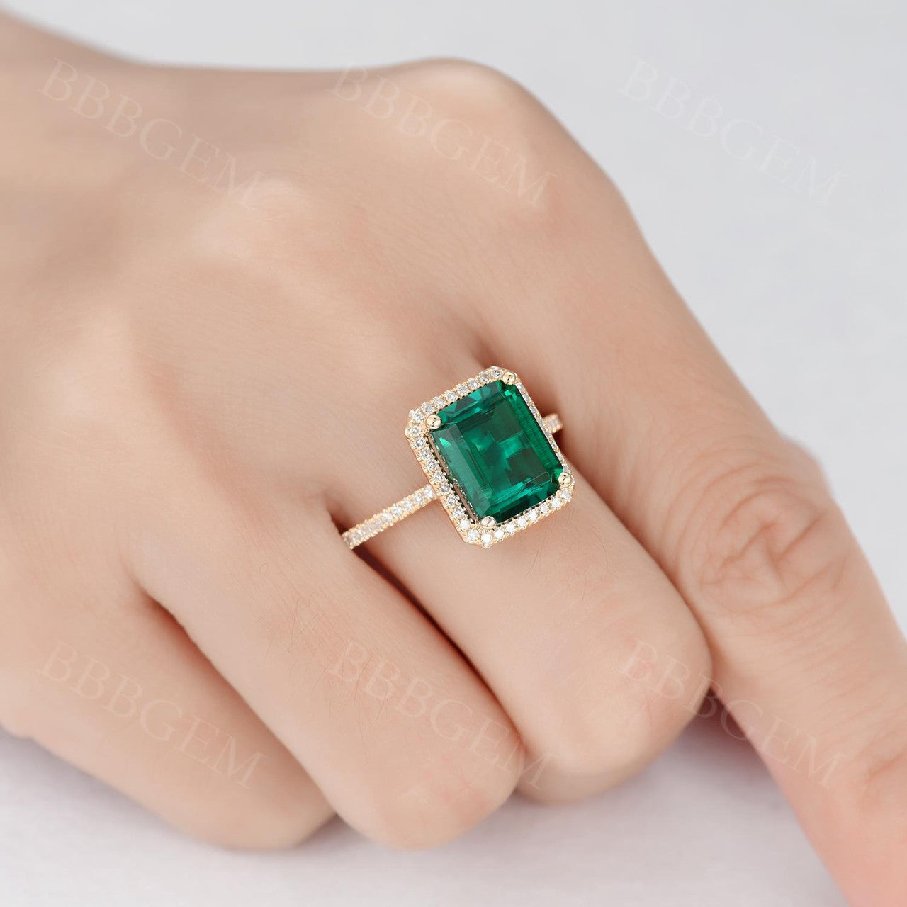 6x8mm Emerald Cut Emerald Engagement Ring Diamond Wedding Ring 14k Yellow Gold Halo Pave Thin