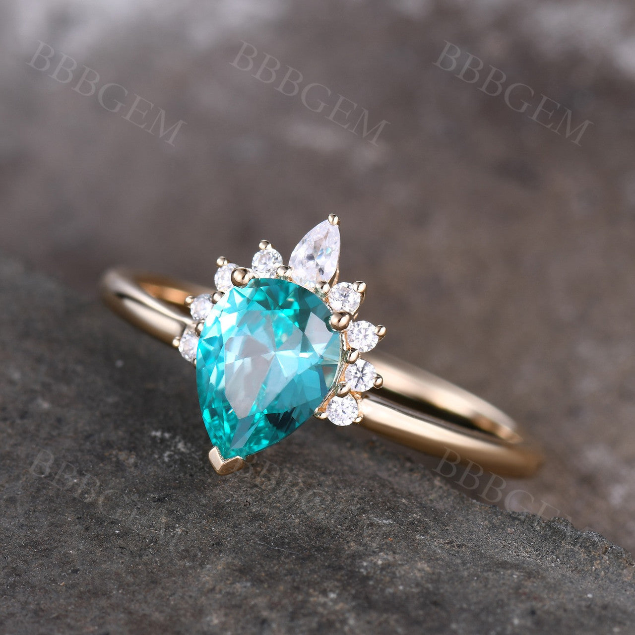 6x8mm Unique Pear Cut Green Garnet Promise Ring Moissanite Halo Ring Yellow Gold