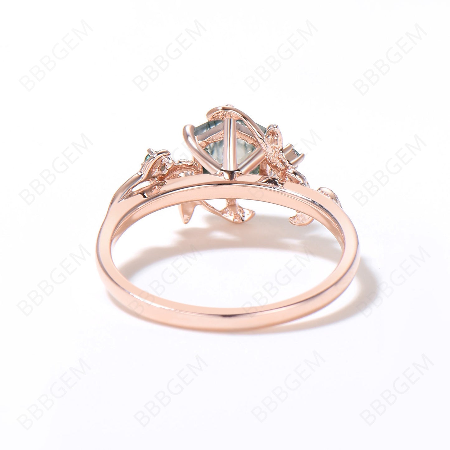 Enchanted Twigs Moss Agate Ring Hexagon Cut Natural Green Moss Engagement Ring Rose Gold Branch Leaf Green Emerald Ring