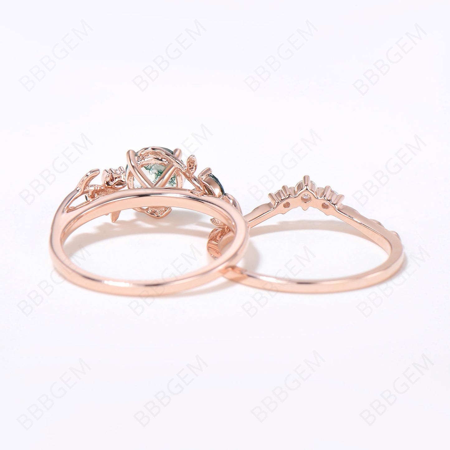 Twig Natural Moss Agate Engagement Ring Set Leaf Vine Round Aquatic Agate Wedding Ring 14k Rose Gold Nature Inspired Ring 2pcs Bridal Ring Set