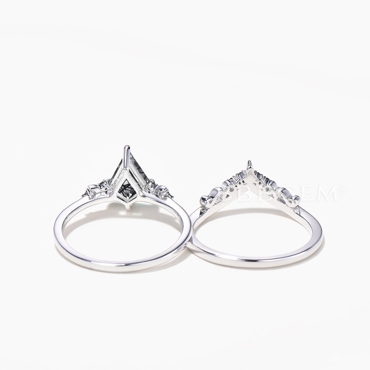 Kite Cut Natural Black Rutilated Quartz Engagement Ring Spinel Celestial Bridal Set