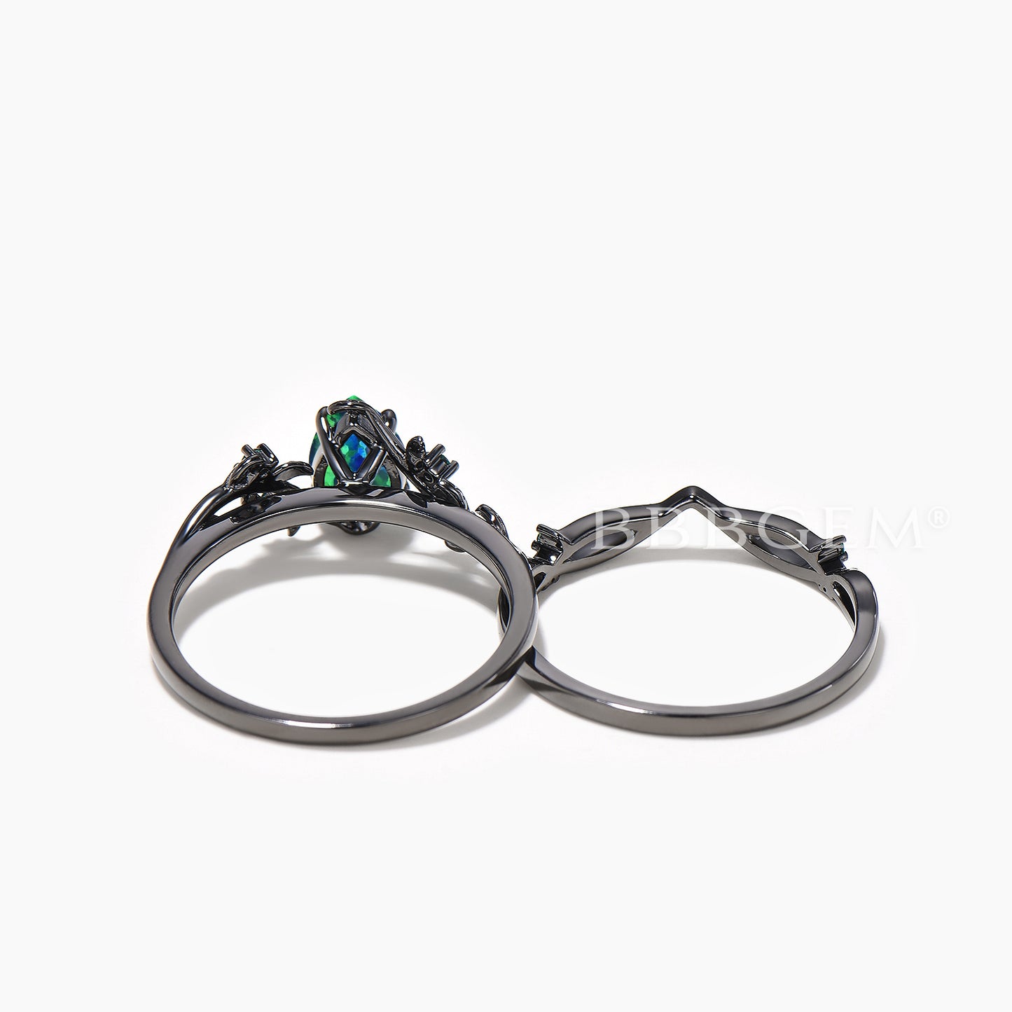 Pear Black Opal Nature Inspired Engagement Ring Emerald Black Gold Bridal Set