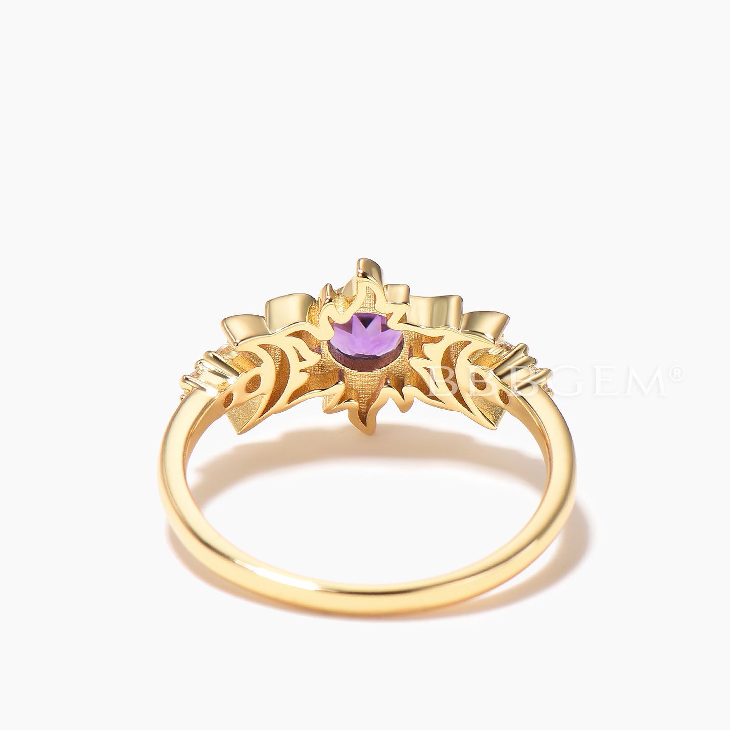 Round Cut Natural Amethyst Sun Engagement Ring Moissanite Moon Celestial Ring