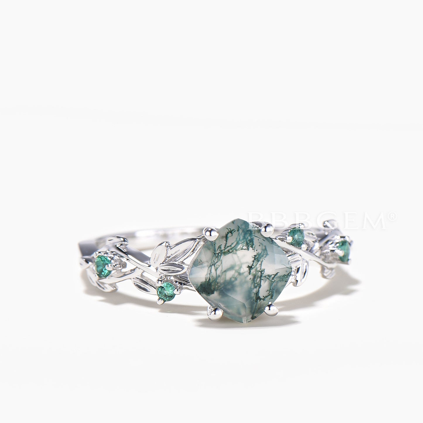 Cushion Cut Natural Moss Agate Engagement Ring Emerald Leaf Twisted Ring
