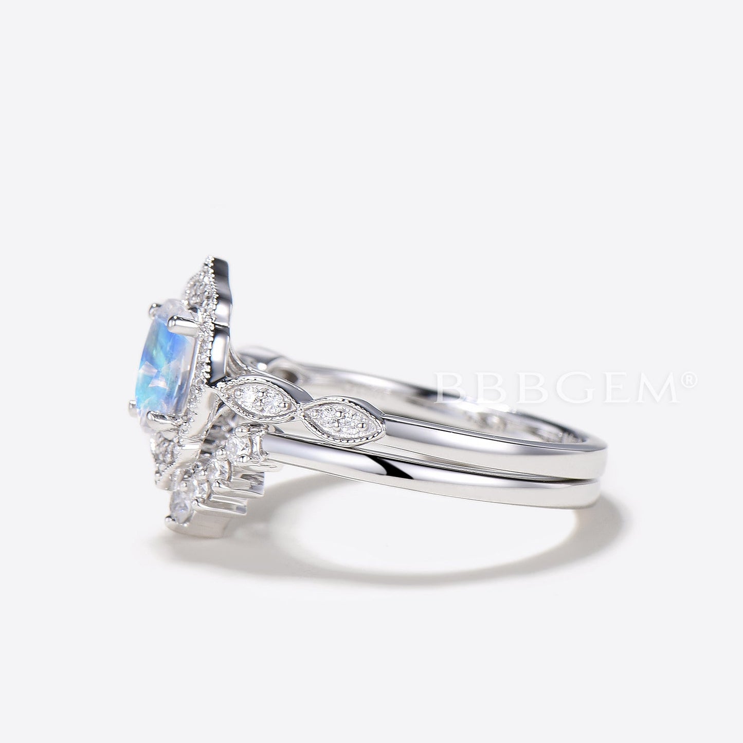 14K/18K Rose Gold Rainbow Vintage Milgrain Moonstone Diamond Bridal Set