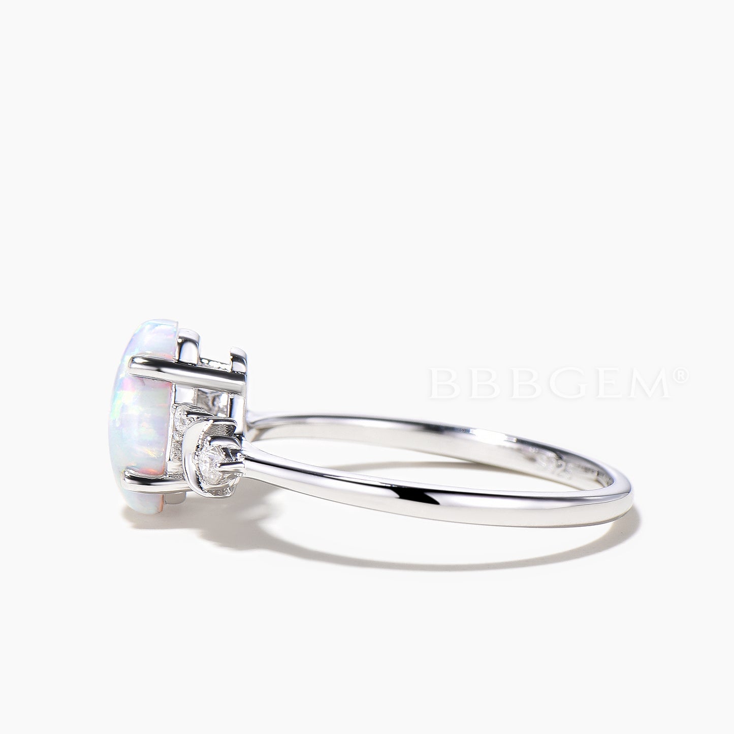 Coffin Cut White Fire Opal Diamond Moon Engagement Ring