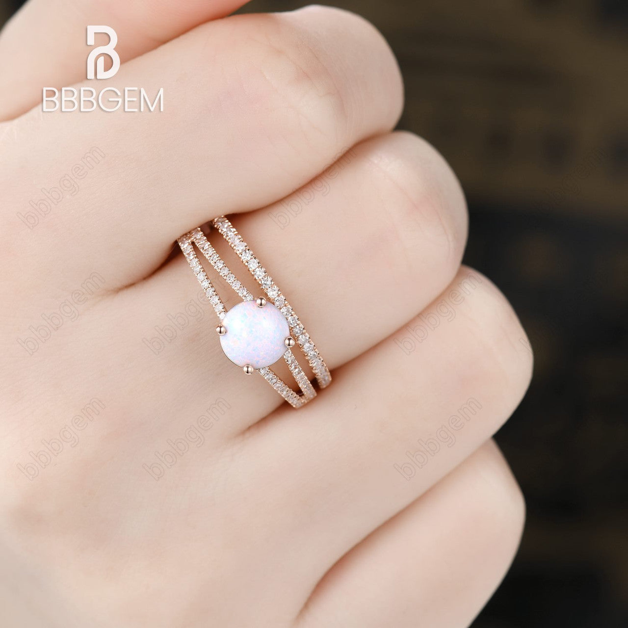 Vintage Opal Engagement Ring Split Shank Set,Pave Set Diamond Band