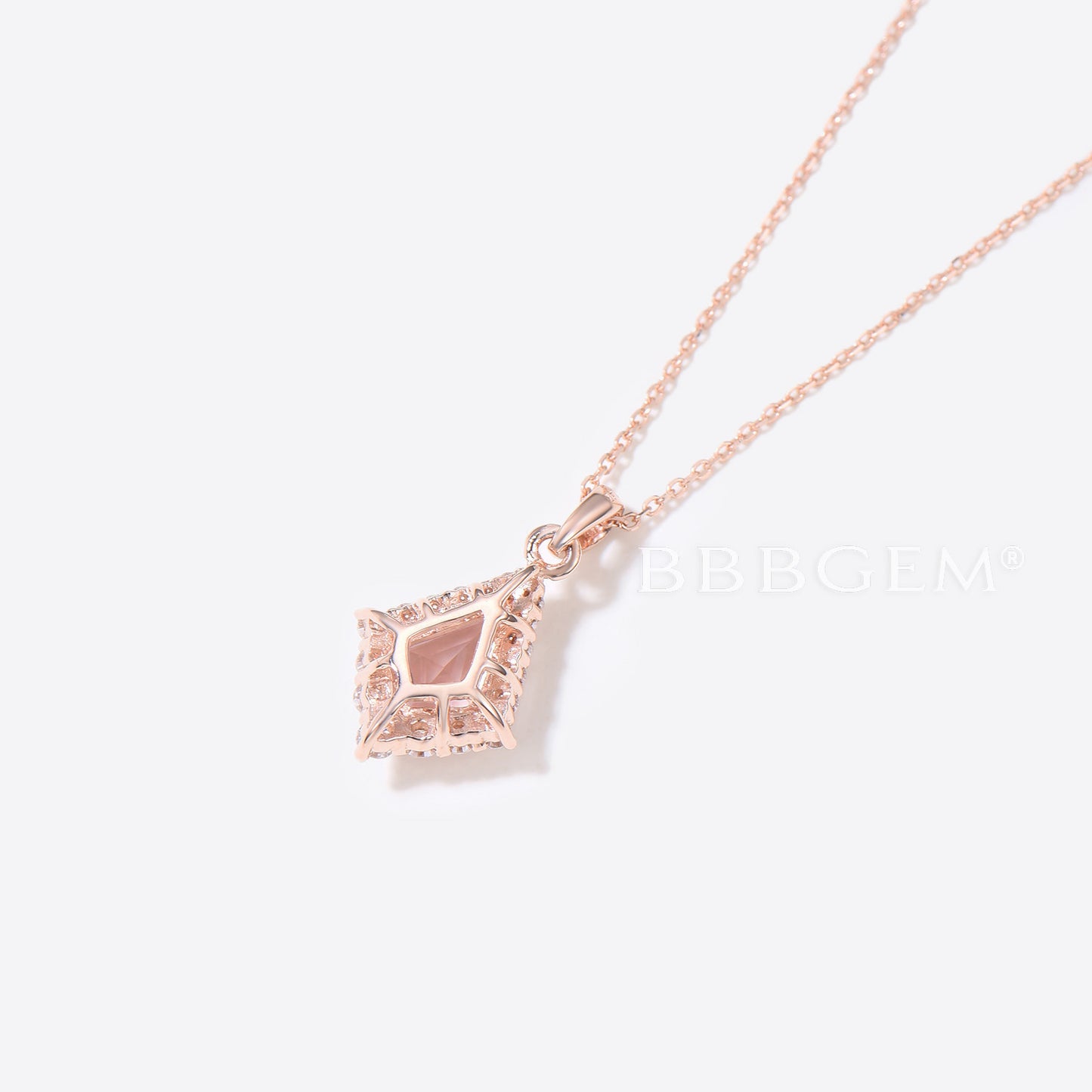 Kite Rose Quartz Necklace Rose Gold Halo Moissanite Pendant