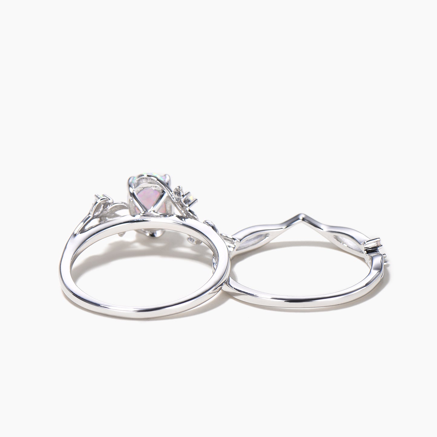 1.5ct Oval Cut White Opal Engagement Ring Leaf Nature Inspired Bridal Set