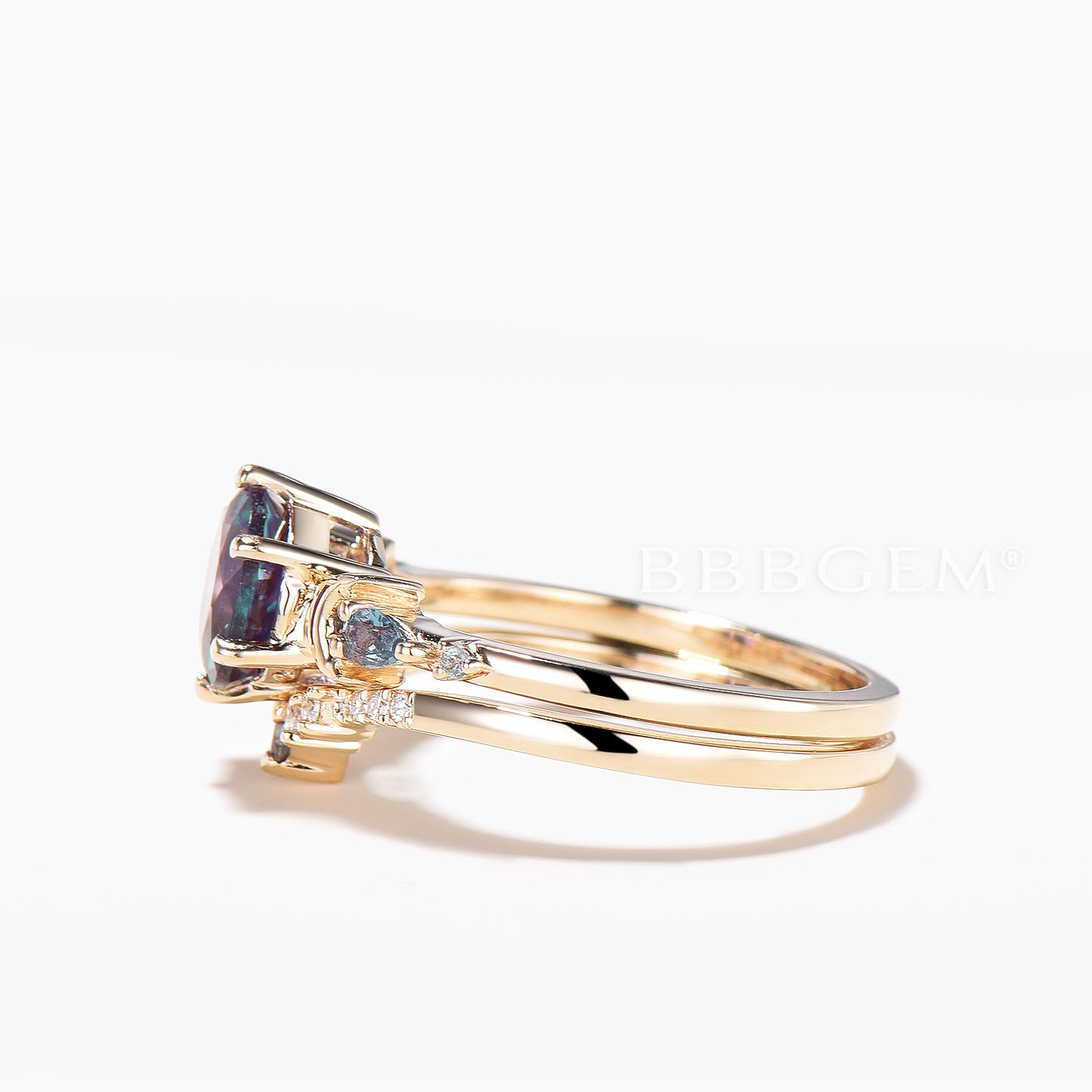 1.2CT Round Cut Color-change Alexandrite Bridal Set Alexandrite Moon Ring