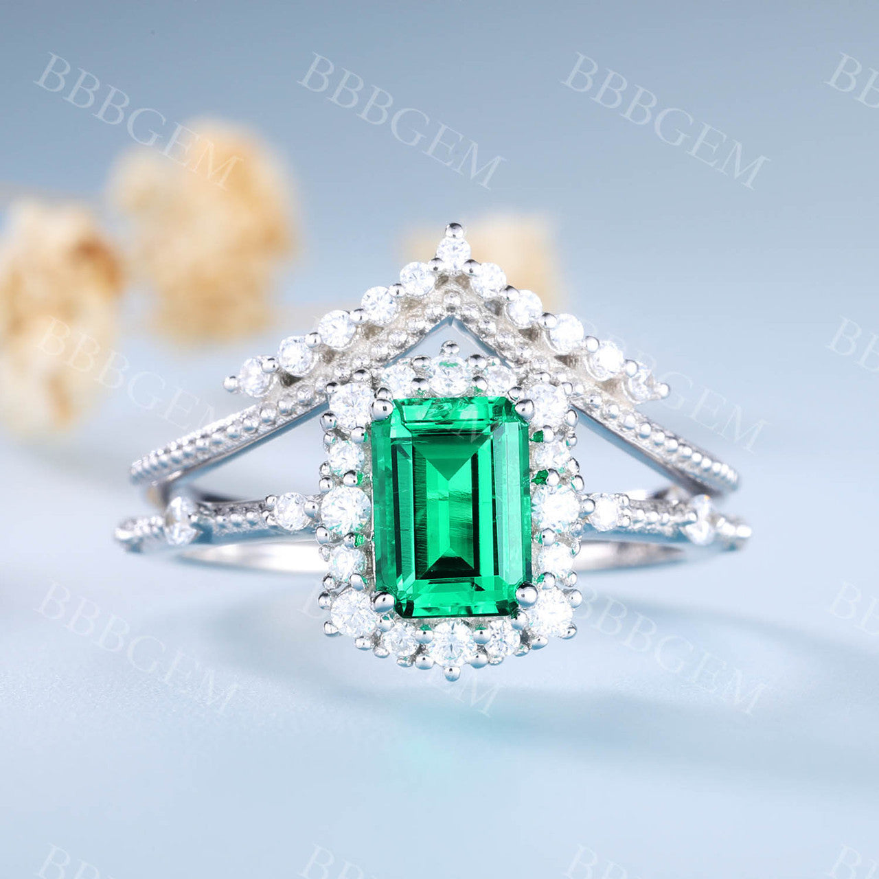 Emerald Gemstone Statement Ring Emerald Cut Wedding Ring Set